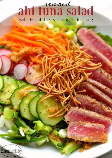 This seared Ahi tuna salad with ginger dressing is the perfect light summer meal! There is nothing better on a hot summers day than chowing down on a cool, crisp, refreshing salad. Top that salad off with some amazingly fresh Ahi Tuna that's seared to perfection and...hmmm...maybe it can get better. Ahi Tuna Salad Recipe, Seared Ahi Tuna Salad, Salad With Ginger Dressing, Ahi Tuna Steak Recipe, Jam Muffins, Pork Marsala, Ahi Tuna Recipe, Ahi Tuna Salad, Greek Grilled Chicken