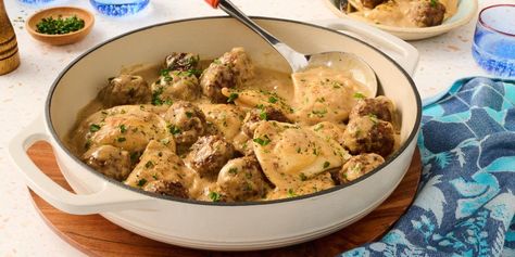 Pierogi And Meatball Skillet, Easy Sunday Dinner Ideas, Meatball Skillet, Steak Lunch, Easy Sunday Dinner, Sunday Dinner Ideas, Creamy Mashed Potatoes, Skillet Meals, One Pan Meals