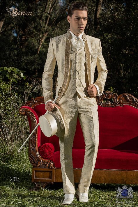 Baroque men wedding suits, collection Ottavio Nuccio Gala italian groom suits Mens White Suit, Brocade Suits, White Wedding Suit, Baroque Wedding, Groom Suits, Gothic Wedding Dress, Wedding Outfit Men, White Dress Shoes, Designer Suits For Men