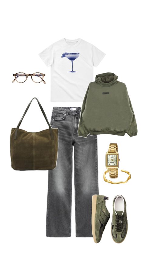 Graphic tee, baggy grey jeans, Aloha sneakers, Khaki suede bag, IziPizi glasses, Khaki hoodie Khaki Jeans Outfit, Baggy Grey Jeans, Khaki Hoodie, Grey Jeans Outfit, Jeans And Hoodie, Back To School Outfit, Khaki Jeans, Suede Bag, Hoodie Outfit