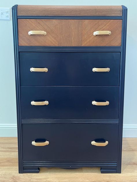 This beautiful art deco waterfall dresser is such a statement piece! It has been refinished and has the original hardware. Drawers glide smooth and the drawer liners give that extra something! 30" wide x 17" deep x 48" tall SHIPPING IS NOT FREE! Please contact me prior to purchasing for a shipping quote.  Follow me on Instagram for more fun projects @kcfitments Refinished Waterfall Dresser, Waterfall Dresser Makeover, Tall Dresser Makeover, Art Deco Waterfall Dresser, Waterfall Furniture, Waterfall Dresser, Art Deco Dresser, Boy Dresser, Dresser Refinish