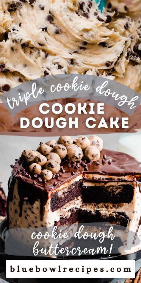 Cookie Dough Cake is the ultimate cookie dough experience! Edible cookie dough is baked into ultra rich & moist chocolate cake layers. The cake layers are frosted with a luscious cookie dough buttercream, filled with a layer of edible chocolate chip cookie dough, and finished with a silky chocolate ganache drip & cookie dough balls. Chocolate and cookie dough lovers rejoice – this is the dessert of your wildest dreams! Peanut Butter Cookie Dough Cake, Cookie Dough Cakes, Chocolate Cookie Dough Cake, Cookie Dough Buttercream, Chocolate Cake Layers, Chocolate Ganache Drip, Edible Chocolate Chip Cookie Dough, Ganache Drip, Cookie Dough Filling