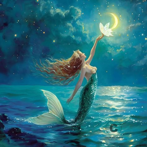 Magical Mermaid Touching Glowing Moon Twinkling Stars Giclée Art Print 12X12 | eBay Mermaid Pictures Art, Moon Bathroom, Moon Mermaid, Friends Challenge, Fairy Moon, Mermaid Moon, Glowing Moon, Dark Mermaid, Magical Mermaid