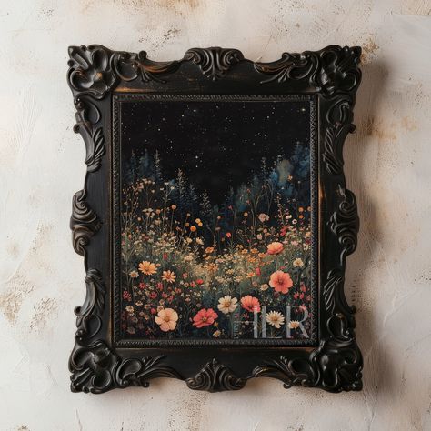 Night sky and Meadow Printable Wall Art Decor will take you into a world of dark botanical nature and vintage cottagecore aesthetic. Bring nature and a touch of whimsical florals to your home with the magic wall art of a moody meadow full of colorfull wildflowers set against the dark forest and starry sky. Inspired by vintage watercolor paintings and the atmosphere of cottagecore, this moody print combines antique aesthetics with a touch of witchy decor, creating a captivating piece that will tr Moody Botanical Decor, Halloween Diy Wall Decor, Vintage Gallery Wall Family Photos, Dark Cottagecore Crafts, Black Painting Aesthetic, Dark Whimsical Bedroom, Cottagecore Home Office, Moody Art Prints, Moody Drawings