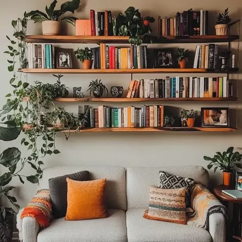 DIY Floating Shelves for Small Spaces - Recipes Time Large Floating Book Shelves, Floating Shelves Full Wall, Wall Mounted Track Shelving, High Floating Shelf, Floating Bookshelves Above Couch, Shelf High On Wall, Floating Shelves Library Wall, Living Room Wall Bookshelf, Bookshelves On Wall Small Spaces