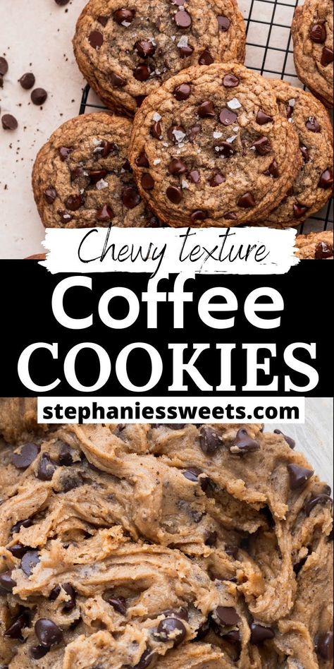 These chewy coffee cookies are loaded with instant coffee, chocolate chips and cinnamon. They are super easy to make and require no chilling and no mixer. Family Get Together Desserts, Cookies With Instant Coffee, Cookie Baking Recipes, Mocha Chocolate Chip Cookies, Instant Coffee Cookies, Coffee Cake Cookies Crumbl, No Mixer Desserts, No Chill Cookies, Bacon Grease Chocolate Chip Cookies