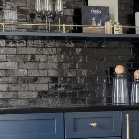 Black Zellige Tile, Black Tile Backsplash Bar, Wet Bar Backsplash, Wet Bar Designs, Black Counters, Coffee Nook, Mad Men Fashion, Black Bar, Zellige Tile