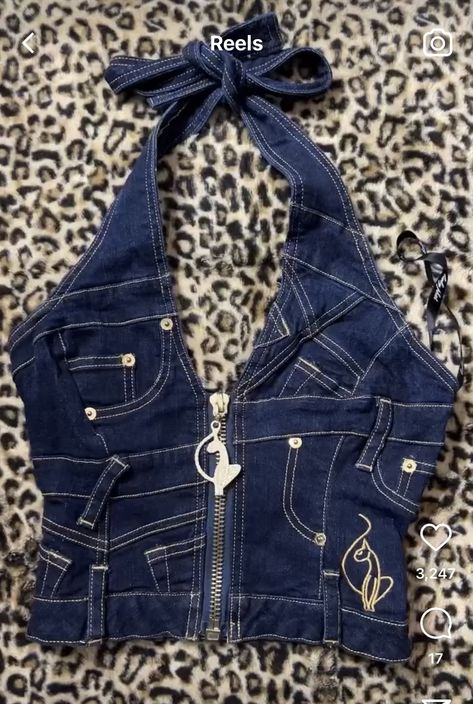 Justice Outfits 2000s, 2000s Stage Outfits, Denim Halter Top Outfit, Up Cycle Clothes, Jean Halter Top, Denim Cowgirl Outfit, Denim Patchwork Top, Demin Outfit, Cutesy Outfits