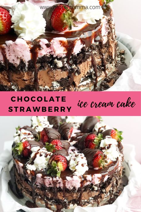 Strawberry Chocolate Ice Cream Cake, Valentines Day Ice Cream, Chocolate Ice Cream Cake Recipe, Ice Cream Cake Recipe Homemade, Chocolate Desserts Fancy, Brownie Ice Cream Cake, Strawberry Ice Cream Cake, Chocolate Ice Cream Cake, Homemade Strawberry Ice Cream