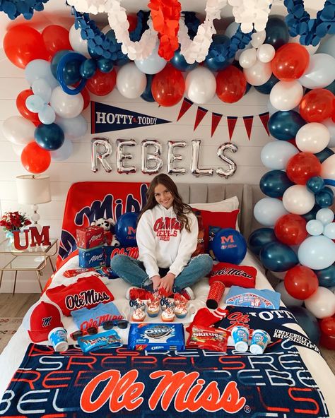 College bed, Ole Miss, University of Mississippi, College decision, College Bed Decor, Party Bed, Red White and Blue College bed, College Decor, College Dorm Decor, Rebels, Hotty Toddy decor, Hotty Toddy, Ole Miss Decor Ole Miss Decorations, Bed College Party, College Acceptance Bed Party, College Commitment Party, Commitment Day College, College Decision Bed Decorating, Ole Miss Birthday Party Ideas, College Bed Reveal, Ole Miss Party Decorations