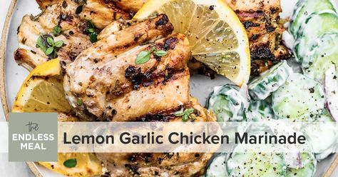 Lemon garlic chicken marinade is super simple to make, healthy, and full of flavor. Marinate your favorite chicken then grill it, bake it, or freeze it for later! #chicken #chickenmarinade Lemon Garlic Chicken Marinade, Spicy Chicken Marinades, Garlic Chicken Marinade, Celery Salad, Chicken Marinade Recipes, Creamy Cucumber Salad, Lemon Garlic Chicken, Chicken Marinade, Savoury Baking