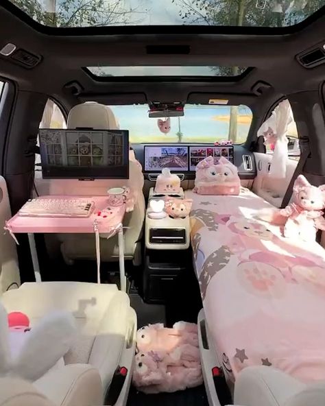 Her car is a pink wonderland 💖 | motor car | Her car is a pink wonderland 💖 | By Lilyon | Facebook Pink Wonderland, Aesthetic Camping, Vans Aesthetic, Tents Camping, White Room Decor, Camping Set Up, Small House Interior, Big Bertha, Interior Design Drawings