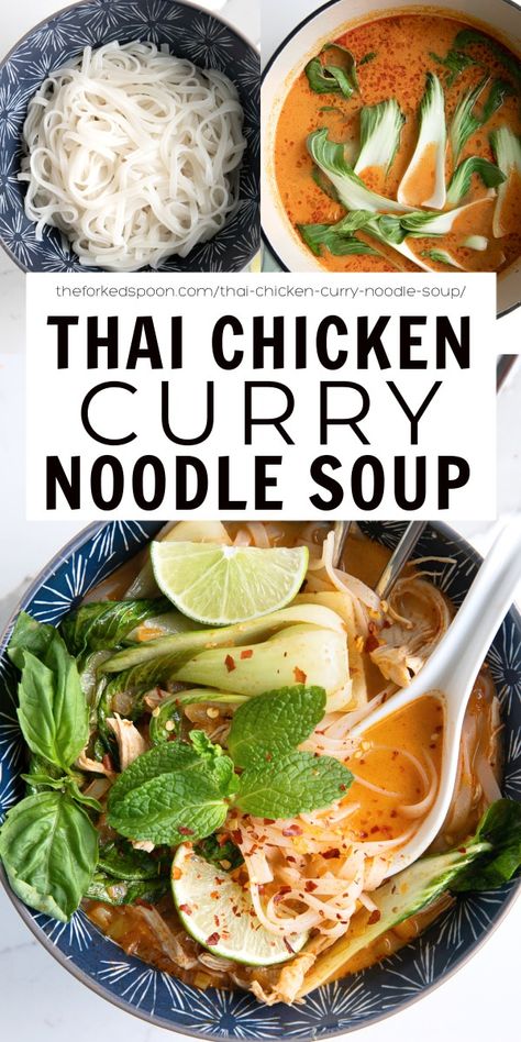 This easy Thai Chicken Curry Noodle Soup is packed with shredded chicken, tender rice noodles, and bok choy all simmered in a bold and fragrant lime and coconut curry broth. Top with fresh basil, mint, cilantro, and fresh lime just for an easy and delicious weeknight dinner. Chicken Lime Soup, Easy Thai Chicken, Thai Curry Soup, Curry Broth, Thai Noodle Soups, Curry Noodle Soup, Thai Chicken Curry, Cilantro Recipes, Chicken Tender