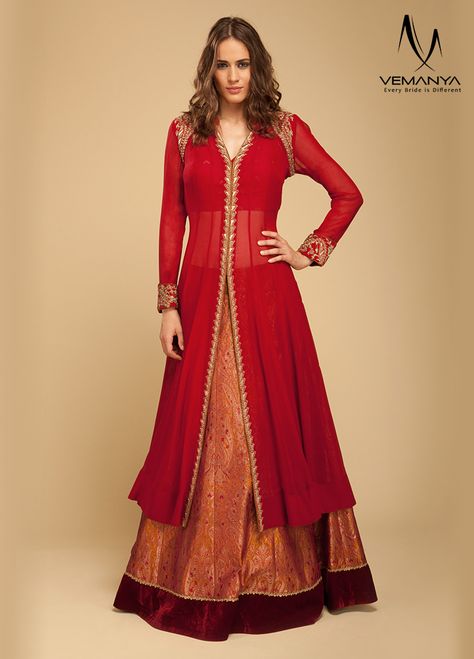 Zari lehenga with a chiffon long jacket, exclusively designed by House of Vemanya. Zari Lehenga, Ali Abbas, Lengha Blouse Designs, Long Jacket Dresses, Long Kurtas, Long Blouse Designs, Wedding Lehenga Designs, Kaftan Designs, Lehenga Designs Simple