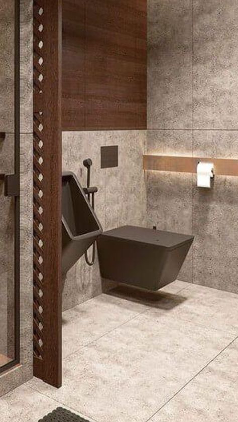 Matte black urinal and toilet Home Urinal Bathroom, Toilet With Urinal Design, Powder Room With Urinal, Bathroom With Urinal And Toilet, Black Urinal, Home Urinal, Urinal In Home Bathroom, Bathroom Urinal, Urinal Design