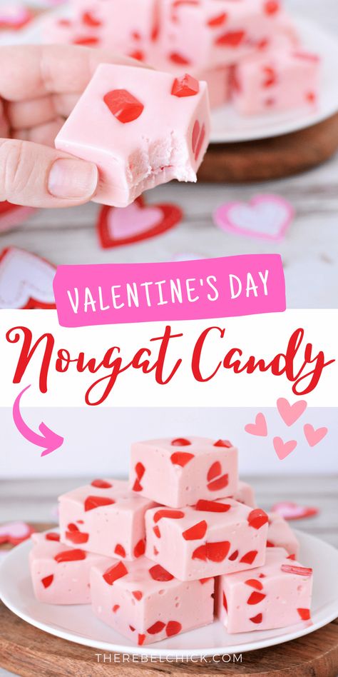 Homemade Nougat Candy made with Gumrops and Marshmallows Homemade Nougat, Nougat Candy, Nougat Recipe, Valentines Recipes Desserts, Easy Candy Recipes, Valentines Baking, Candy Recipe, Valentine Desserts, Candy Recipes Homemade