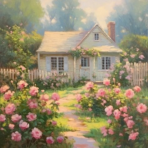 Vintage Cottage Illustration, Acrylic Cottage Painting, Cottage Core Painting Ideas, Cottage Core Painting, Cottage Paintings, Countryside Paintings, Types Of Art Styles, Forest Drawing, Cottage Painting