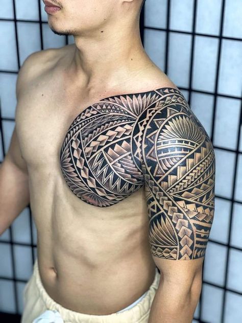 Samoan Sleeve Tattoo For Men, Maori Tattoo Shoulder, မာယာ Tattoo, Polynesian Tattoo Sleeve Men, Polynesian Tattoo Designs Men Arm, Maori Shoulder Tattoo, Tattoo Chest And Shoulder, Calf Tattoo Designs, Traditional Filipino Tattoo