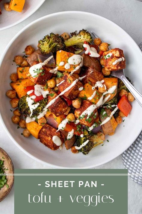 Made on one pan, filled with crispy tofu and roasted vegetables, this sheet pan tofu and veggies with tahini sauce is a great vegetarian recipe for a quick and easy meal. Oven Roasted Tofu And Veggies, Roasted Tofu And Vegetables, Sheet Pan Tofu And Veggies, Sheet Pan Vegetarian Meals, Vegetable Sheet Pan, Pan Tofu, Kay Nutrition, Tofu And Veggies, Protein Vegetables