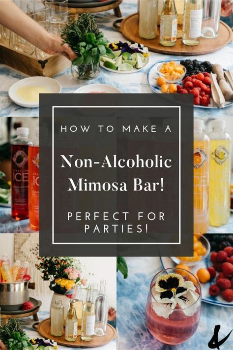 Set up a Non-Alcoholic Mimosa bar for your next party! These easy drink ideas are great for kids and make it fun to DIY their mocktail! AD #mocktail #mocktailbar #SparklingIceFun Non Alcoholic Party Ideas, Mocktail Bar Setup Ideas, Mock Mimosa Bar Ideas, Easy Bar Set Up For Party, Virgin Mocktail Bar Ideas, Momosa Mimosa Bar Virgin, Faux Mimosa Bar, Beverage Bar Ideas Party, Brunch Mocktail Non Alcoholic