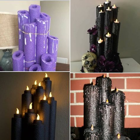 Recycled Pool Noodle Halloween Flameless Candle Decor https://www.survivingateacherssalary.com/recycled-pool-noodle-halloween-harry-potter-decor-idea/ We've seen this idea on Pinterest for a while. This version gives the best instructions! This is perfect for Harry Potter Haunted Mansion and other fun Halloween decor. Halloween Flameless Candle Decor Materials Needed: 4Pool Noodles Black Spray Paint 2 cans Rope Battery Operated Tea Lights Clear Acrylic Spray 1 can Hot Glue Gun& Glue Serrated Kni Halloween Swimming Pool Ideas, Black Pool Noodles Halloween, Pool Noodles Halloween Ideas, Pool Noodle Halloween Candles, Flameless Candle Decor, Pool Noodle Candles, Pool Noodle Halloween, Halloween Candles Diy, Noodle Crafts