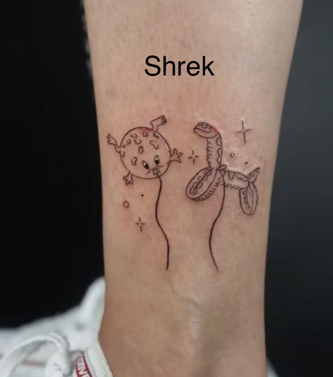 Cute Shrek Tattoo Ideas, Shrek And Fiona Tattoo, Shrek Inspired Tattoo, Matching Shrek Tattoos, Shrek Tattoo, Matching Disney Tattoos, Toy Story Tattoo, Charm Tattoo, Sibling Tattoos