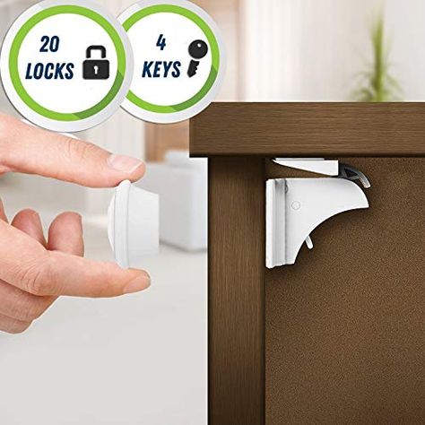 20 Locks 4 Keys  Easy to Install Magnetic Safety Locks for Cupboard Cabinet and Drawers Including Extra 3M Adhesive Strips  Child and Baby Proof (The Biggest kit on Amazon!) Baby Proof Cabinets, Cupboard Locks, Door Protection, Magnetic Latch, Cabinet Locks, Magnetic Lock, Cupboard Drawers, Baby Proofing, Baby Protection