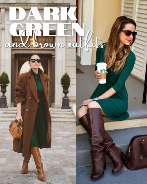 Green And Brown Winter Outfit, Brown And Rust Outfit, Brown With Green Outfits, Emerald Green And Brown Outfit, Green Jacket Brown Pants, Dark Brown Outfit Color Combos, Green With Brown Outfit, Brown Women Outfits, Chocolate Brown Color Combinations Outfit