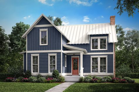 Small Farmhouse Plans Fit for Fall    Read the article here!    #houseplan #homeplan #house #home #floorplan #architecture #dwelling #dwell #design #modern #ranchhome #ranch #residence #blog Dark Blue Houses, Metal Roof Houses, Navy Houses, Blue Siding, House Plan With Loft, Exterior House Color, Country Craftsman, Small Farmhouse, Exterior Paint Colors For House