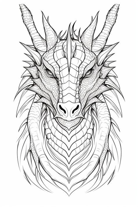 This dragon coloring pages come in a set of 5 printable pages. Print on 8x11, shrink to fit will not fill the page fully on the top and bottom.  Coloring pages are to be downloaded and printed. Dragon Outline Drawing, Colouring Pages For Adults Printable Free, Harry Potter Colouring Pages, Dragon Front View, Dragon Colouring Pages, Dragon Coloring Pages Free Printable, Dragon Faces, Cool Dragon Drawings, Dragon Outline