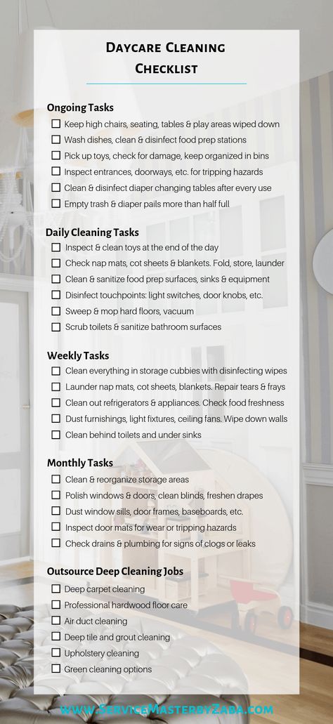 Daycare Cleaning Checklist: 5 Strategies That Will Keep Your Center Clean & Safe Daily Health Checklist Daycare, In Home Daycare Activities, Important Daycare Forms, I'm Home Daycare Ideas, Infant Center Classroom, Home Daycare Curriculum, Daycare Teacher Tips, Daycare Budget Template, Opening A Daycare Center Checklist