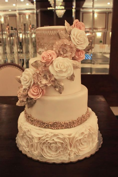 Pink Quince Cake With Flowers, Three Tier Quinceanera Cake, Rose Quince Cake, 4 Tier Quinceanera Cakes, Rose Gold 15 Cake, Four Layer Cake, Quince Cakes Rose Gold, Blush Pink Quince Cake, Pink And Gold Quince Cake