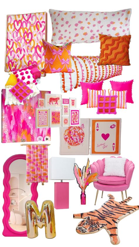 Pink And Orange Desk Decor, Hot Pink And Orange Aesthetic Room, Cute Colorful Room Ideas, Colorful Rooms Ideas, Peach Fuzz Bedroom, Pink And Orange Room Ideas, Room Ideas Pink And Orange, Pink And Orange Room Decor, Orange And Pink Bedroom