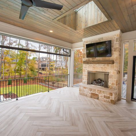 Lake Screened In Porch, Rustic Cabin Screened Porch, Grill On Screened In Porch, Screened In Porch With Skylight, Tiled Screened In Porch, Screened In Back Porch With Fireplace, Raised Screened In Porch, Screen Porch Flooring Ideas, Screen Porch Fireplace