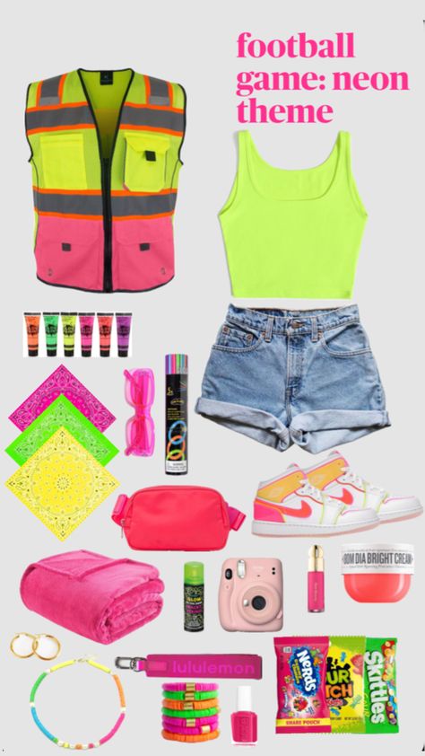 #fridaynightlights #neon #footballgametheme Neon Night Football Theme, Neon Cheer Theme, Football Game Neon Theme, Neon Fnl Theme, Neon Outfit Ideas For Football Games, Neon Football Game Outfit, Neon Pep Rally Outfit, Neon Student Section Outfits, Neon Outfits Football Game