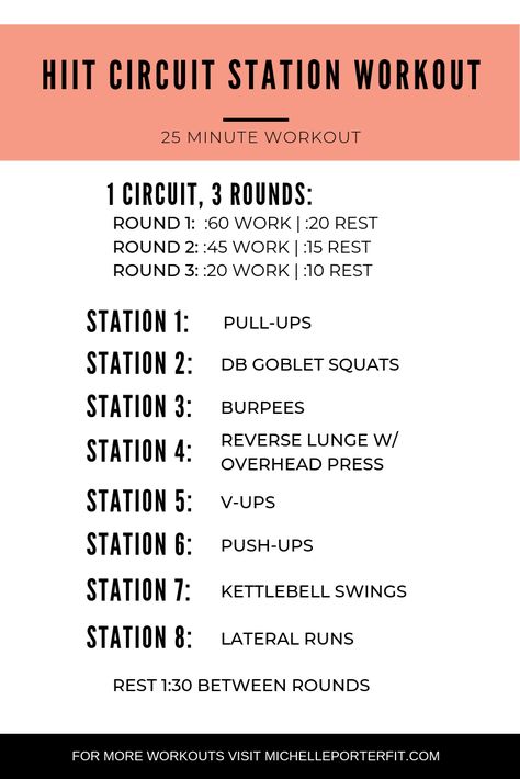 HIIT Circuit Station Style Workouts are a great method to combine bodyweight training, weight training, plyometrics, cardio, gymnastics, and core work all into one awesome workout and it’s also anything but boring!  #circuit Hiit For Beginners, 25 Minute Workout, Hiit Circuit, Hiit Treadmill, Emom Workout, Hiit Cardio Workouts, Conditioning Workouts, Home Exercise Routines, Hiit Cardio