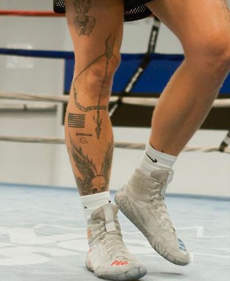 Dgray Man Tattoo, Leg Tattoo Men Above Knee, Below Knee Tattoo Men, Knee Tattoo Men Ideas Guys, Jake Paul Leg Tattoo, Men’s Knee Tats, Tattoo Inspiration Men Leg, Around The Knee Tattoo Men, Mens Quad Tattoo