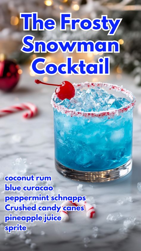 Get into the holiday spirit with The Frosty Snowman, a winter-themed cocktail that’s as festive as it is delicious. With a tropical blend of coconut rum, blue curaçao, and peppermint schnapps, this drink is topped with bubbly Sprite and rimmed with crushed candy canes for a delightful, minty twist.
#thefrostysnowmancocktail #peppermintcocktails via @mybartender Winter Themed Cocktails, Snowman Cocktail, Winter Drinks Alcoholic, Christmas Themed Drinks, Christmas Themed Cocktails, Peppermint Cocktail, Xmas Cocktails, Peppermint Schnapps, Christmas Cocktails Easy