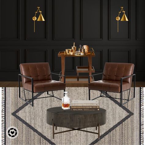 Men’s seating area, man cave, man cave decor, cigar bar, bar area, home wet bar, bar cart, men’s hangout, walmart home finds, coffee table, bachelor pad, masculine home decor Office Moody, Masculine Home Decor, Dark Room Decor, Bachelor Pad, Seating Area, Modern Minimalist, Man Cave, Area Rug, Coffee Table