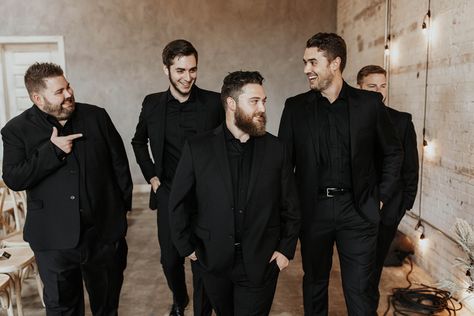 How To Have A Modern Rockstar Chic Wedding All Black Suit Men Wedding Groomsmen, All Black Groomsmen, Groomsmen All Black Attire, Mens All Black Outfit, All Black Groomsmen Attire, Men’s All Black Outfit, All Black Groom Attire, Groom Attire Black, Photography Studio Design