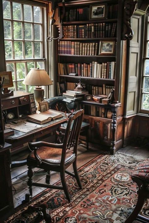 English Cottage Office, Cottage Office Ideas, Hobbit Cottage, Cottage Core Office, Victorian Study, Writer's Office, Victorian Punk, Cottage Office, All About Books