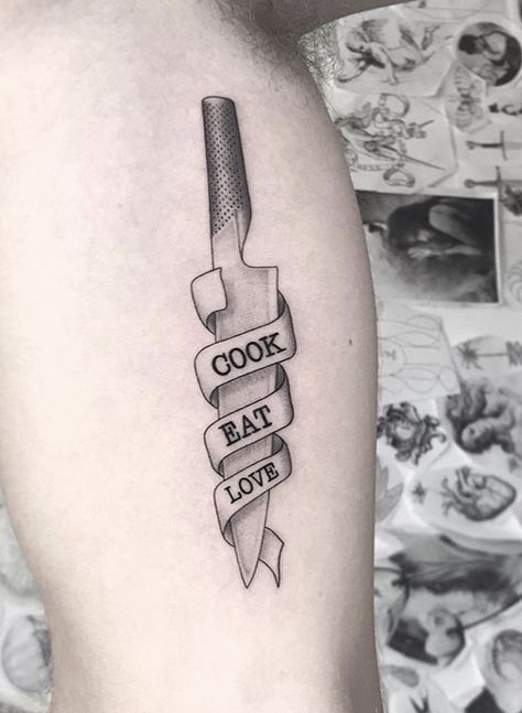 Kitchen Knife Tattoo Design, Sweet And Spicy Tattoo, Culinary Tattoos Men, Cooking Tattoos For Men, Kitchen Tattoo Ideas Chef, Chef Tattoo Designs Men, Food Related Tattoos, Iraqi Tattoo, Yes Chef Tattoo