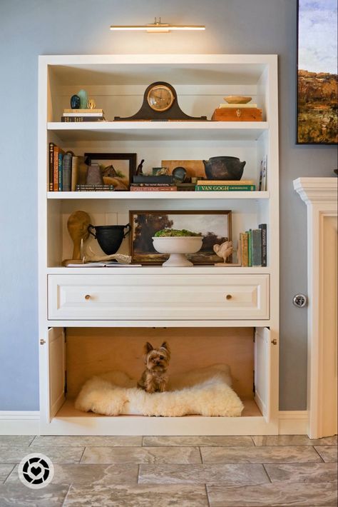 Presenting to you our favorite feature of Southworth Designs most recent project. A media built-in with a. . . hide-a-dog bed! Follow my shop @southworthdesign on the @shop.LTK app to shop this post and get my exclusive app-only content! #liketkit #LTKhome #LTKGiftGuide #antiquemantelclock #coffeetablebook #mossurnplanter #landscapepainting #picturelight #library #builtin #oliveateliers @oliveateliers @anthropologie Bookcase With Dog Bed, Dog Bed Bedroom, Built In Dog Bed, Crate Bookcase, Dc Apartment, Bedroom Addition, Built In Shelves Living Room, Crate Ideas, Future Kitchen