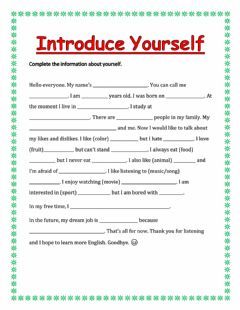 Introduce yourself Language: English Grade/level: 1-6 School subject: English as a Second Language (ESL) Main content: Introducing yourself Other contents: Self Introduction Introduce Yourself In School, How To Introduce Yourself In School, Self Introduce English, My Self Introduction For School, How To Introduce Yourself In College, How To Give Introduction In English, Self Introduction Speech Student, Self Introduction, Introduce Yourself Template