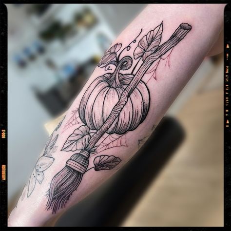 witch tattoo inspiration Pumpkin Witch Tattoo, Autumn Witch Tattoo, Witch Hat And Broom Tattoo, Witches Tattoo Ideas, Broom Tattoo Witch, Broom Stick Tattoo, Halloween Tattoo Ideas For Women, Salem Witch Tattoo, Witches Broom Tattoo