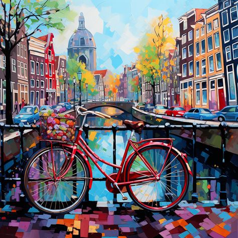 "Amsterdam in Autumn" is an expressive painting capturing Amsterdam's scenic canals in fall, complemented by iconic architecture and a vividly painted bicycle. #Amsterdam #Autumn #Expressionism #Vibrant #Canals #RedBicycle #FreshFlowers #Bridge #HistoricArchitecture #Reflections #Foliage #BoldBrushStrokes #Dutch #Streets #Culture #Art #Waterway #UrbanLandscape #Cycling #FallSeason #Cityscape #Colorful #ExpressionistPainting #Gallery #DutchGoldenAge Amsterdam Autumn, Amsterdam Bridge, Painted Bicycle, European Town, Expressive Painting, Room Paintings, Amsterdam Art, Iconic Architecture, Bicycle Painting