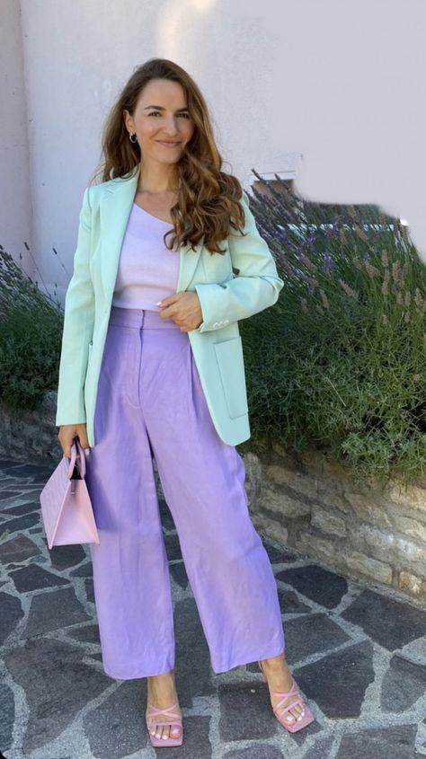 Lavender Pants Outfit Winter, Mint And Lavender Outfit, Pastel Green Blazer Outfit, Lilac Business Outfit, Lilac Pants Outfit Color Combos, Green Pastel Blazer Outfit, Lilac Mint Outfit, Green Pants Women, Mint Green Pants