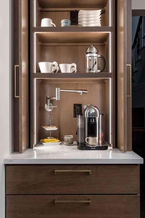 Coffee Cabinet, Coffee Station Kitchen, Home Bar Cabinet, Coffee Bar Station, Coffee Bar Design, Latest Kitchen Designs, Hidden Kitchen, Home Coffee Stations, Coffee Bars In Kitchen