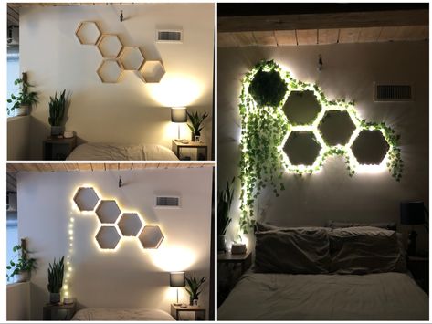 Hexagon shelves with vines and lights bedroom decor Hexagon Shelf Decor, Hexagon Decor, Shelving Decor, Entrance Interior Design, Narrow Hallway Ideas, Diy Room Decor Videos, Shelf Decor Living Room, Entrance Interior, Hal Decor