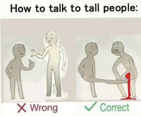 How to talk to tall people the right way 👍👍 How To Talk To Tall People Funny, Tall Guy Memes, Do Guys Like Big Thighs, How To Talk To Tall People, 4 Big Guys Song, Four Big Guys, Guy Dancing, Ship Dynamics, Taco Time